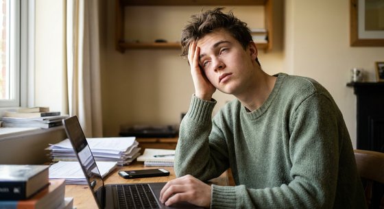 Junger Mann am Schreibtisch mit Laptop und Handy, blickt vom Bildschirm auf